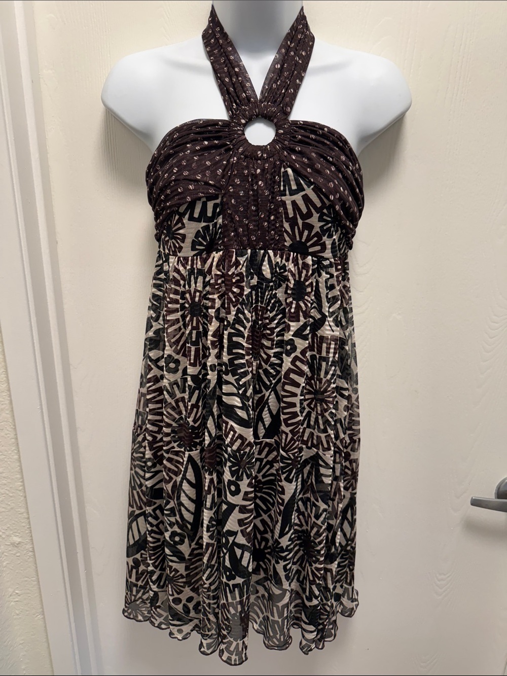 Kookai Brown and Cream Halter Ring-Front Printed mini  Dress